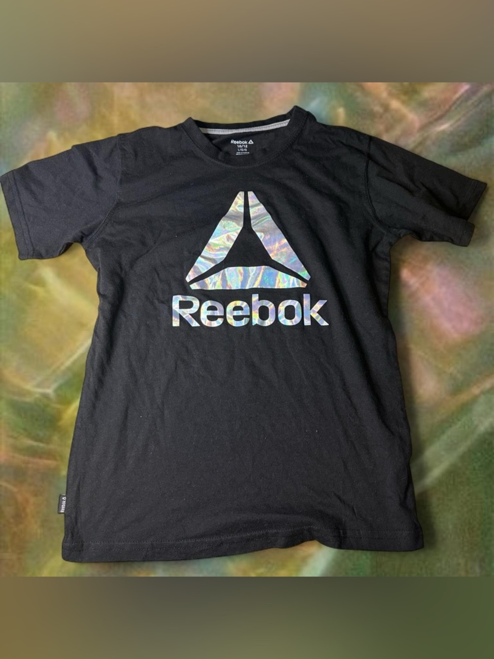 Black Reebok t-shirt unisex with a reflective/holographic logo
